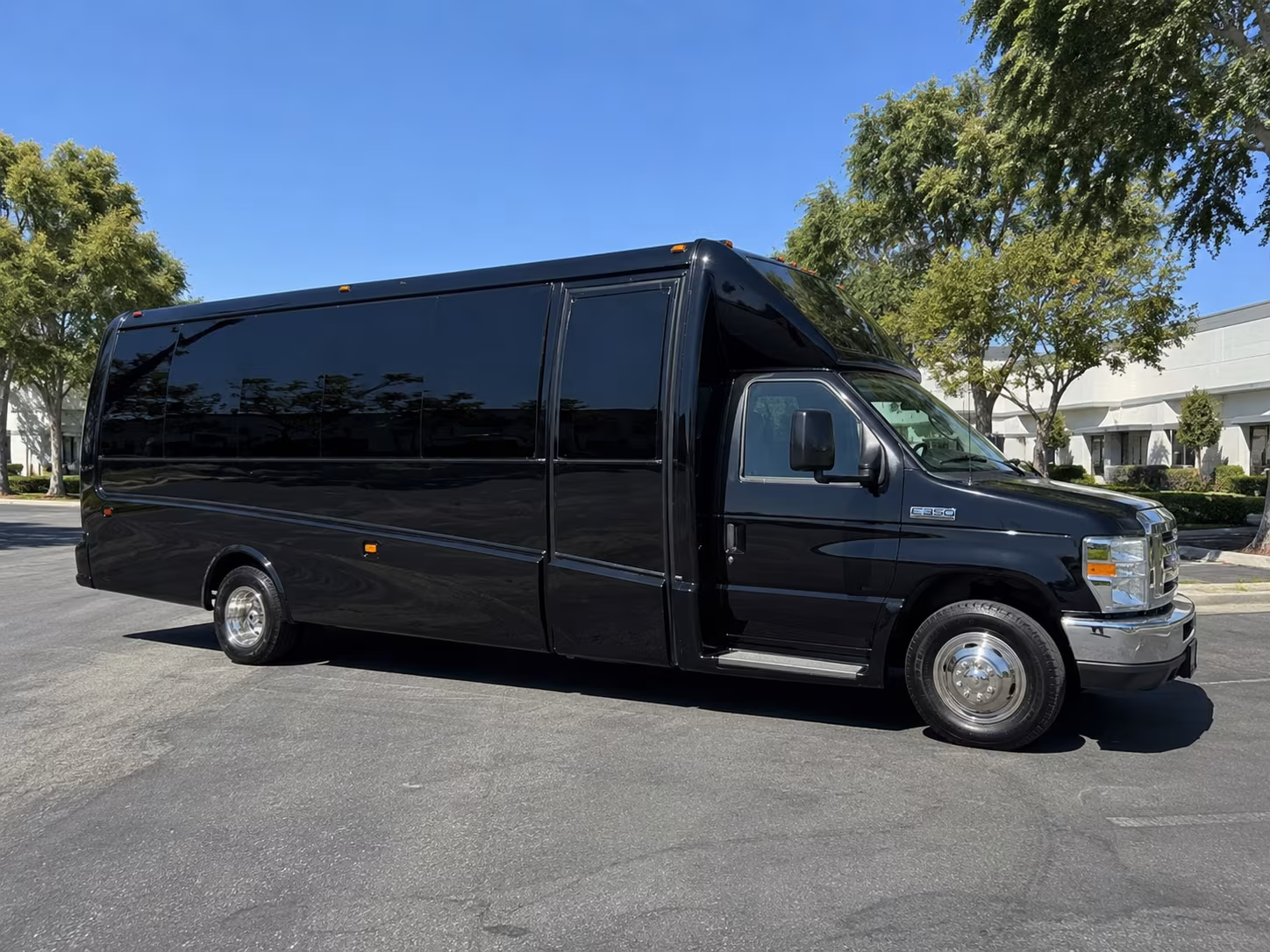 Group beside a Mercedes Sprinter limo in Costa Mesa
