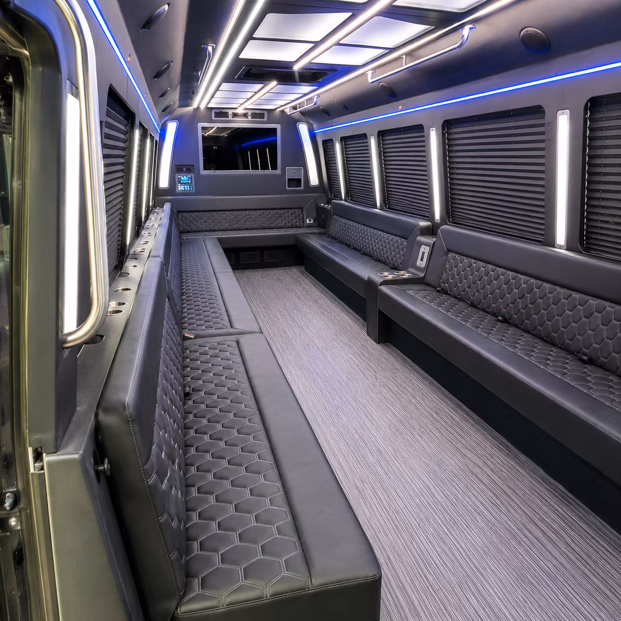 Wedding guests seated inside a party bus serving Costa Mesa